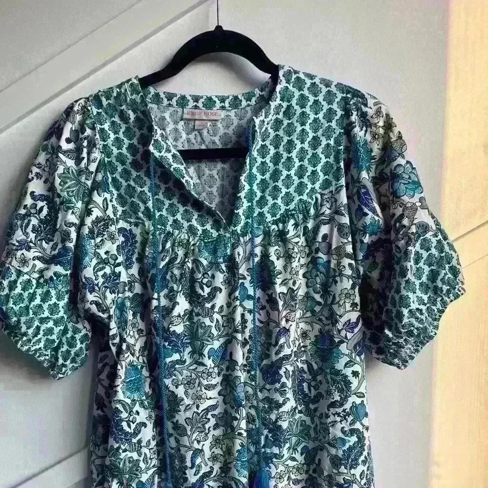 KNOX ROSE dress Puff Sleeve Blue White Bohemian Floral Tassel Tie Size S - Picture 3 of 11
